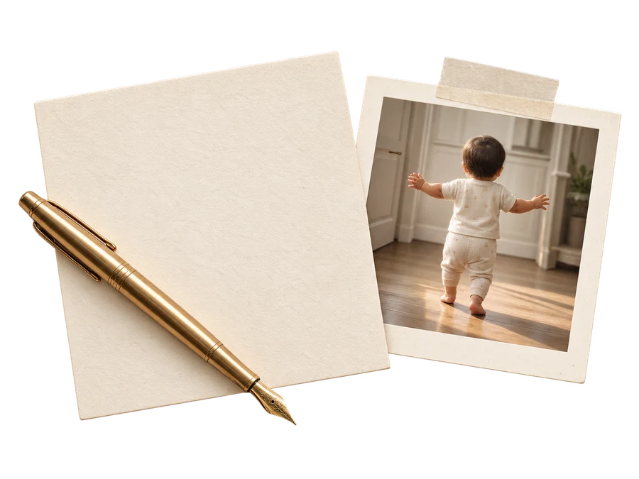 A family photograph, a memory note and a brass fountain pen