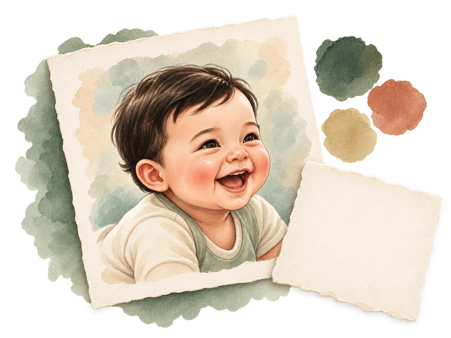 A smiling child's watercolor portrait with soft paint swatches and a note
