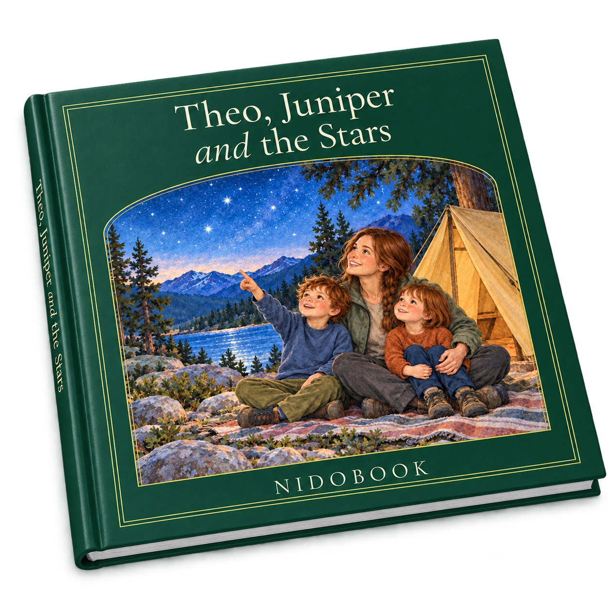 Three-dimensional hardcover of Theo, Juniper and the Stars, showing its rigid boards, printed spine and page edges