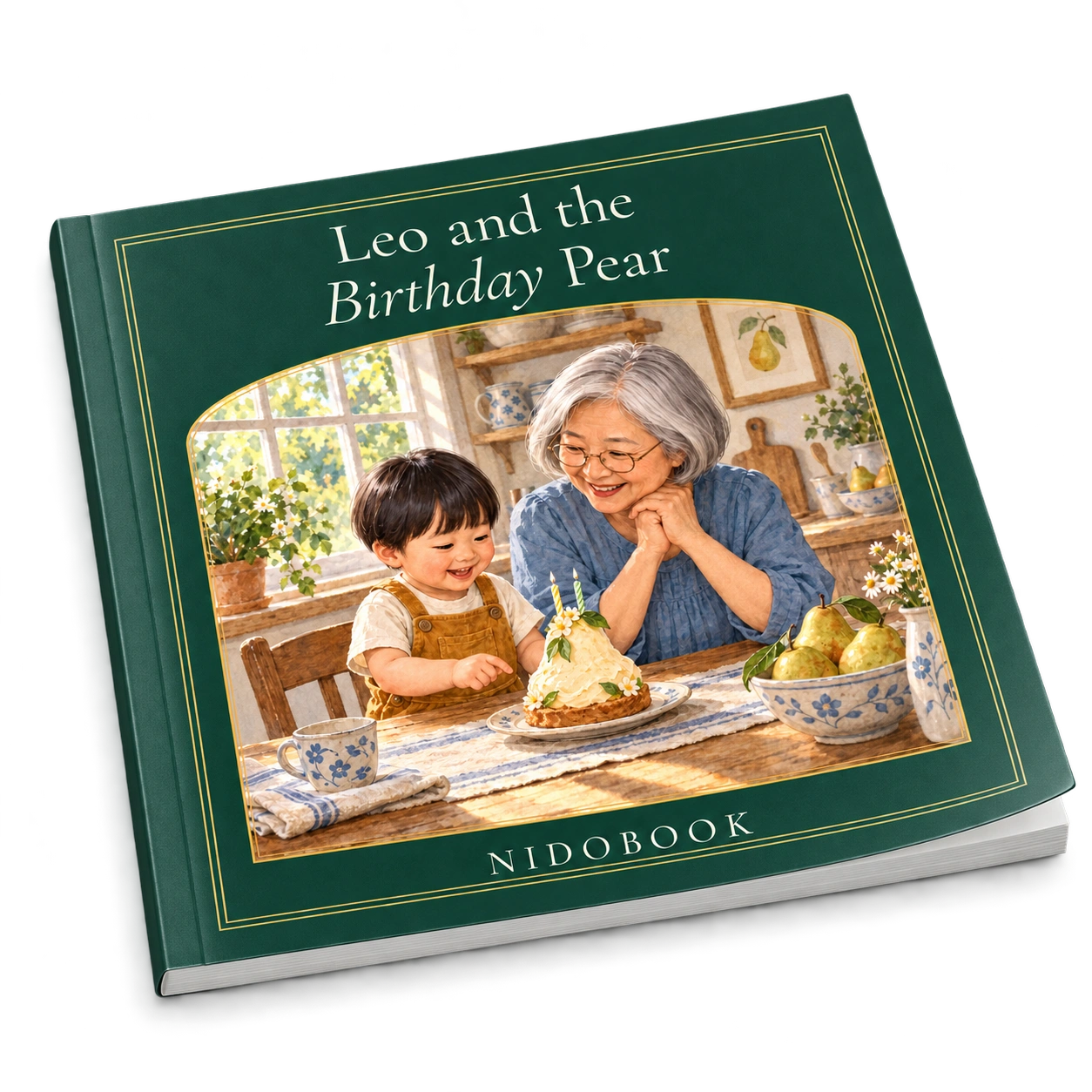 Three-dimensional softcover of Leo and the Birthday Pear, showing its flexible cover and fine page edges
