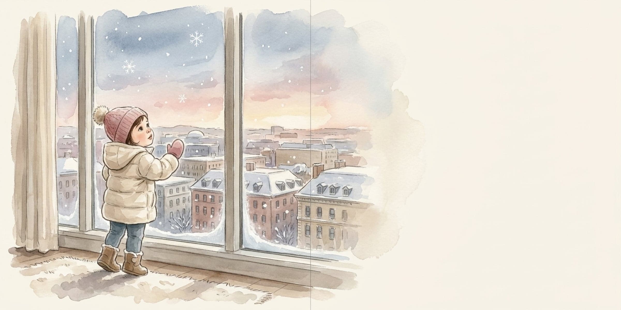 Mia watching soft snow fall over Washington from a window