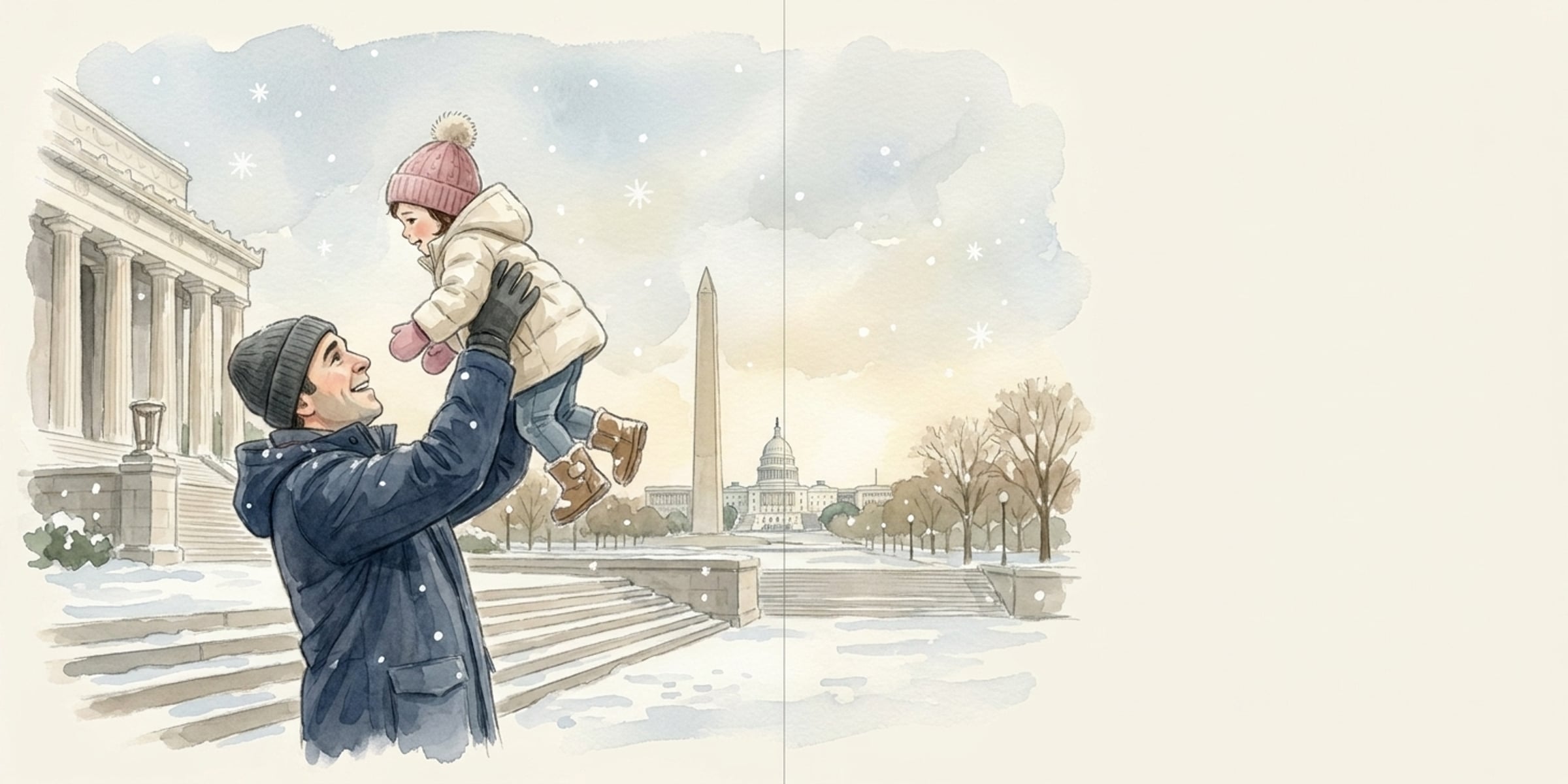 Dad lifting Mia into the snowy air